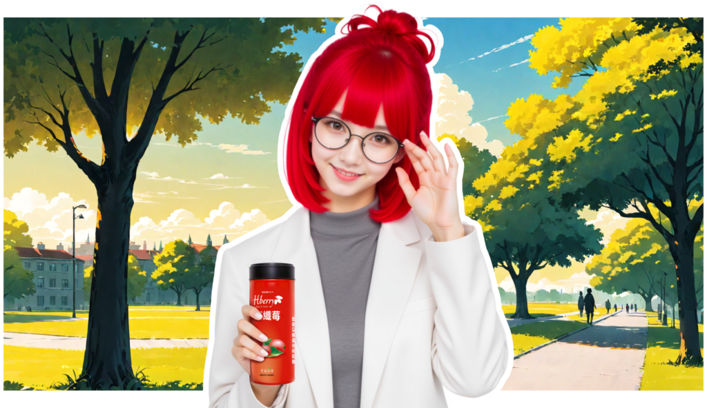 REBO 扶著眼鏡，手拿康纖莓
